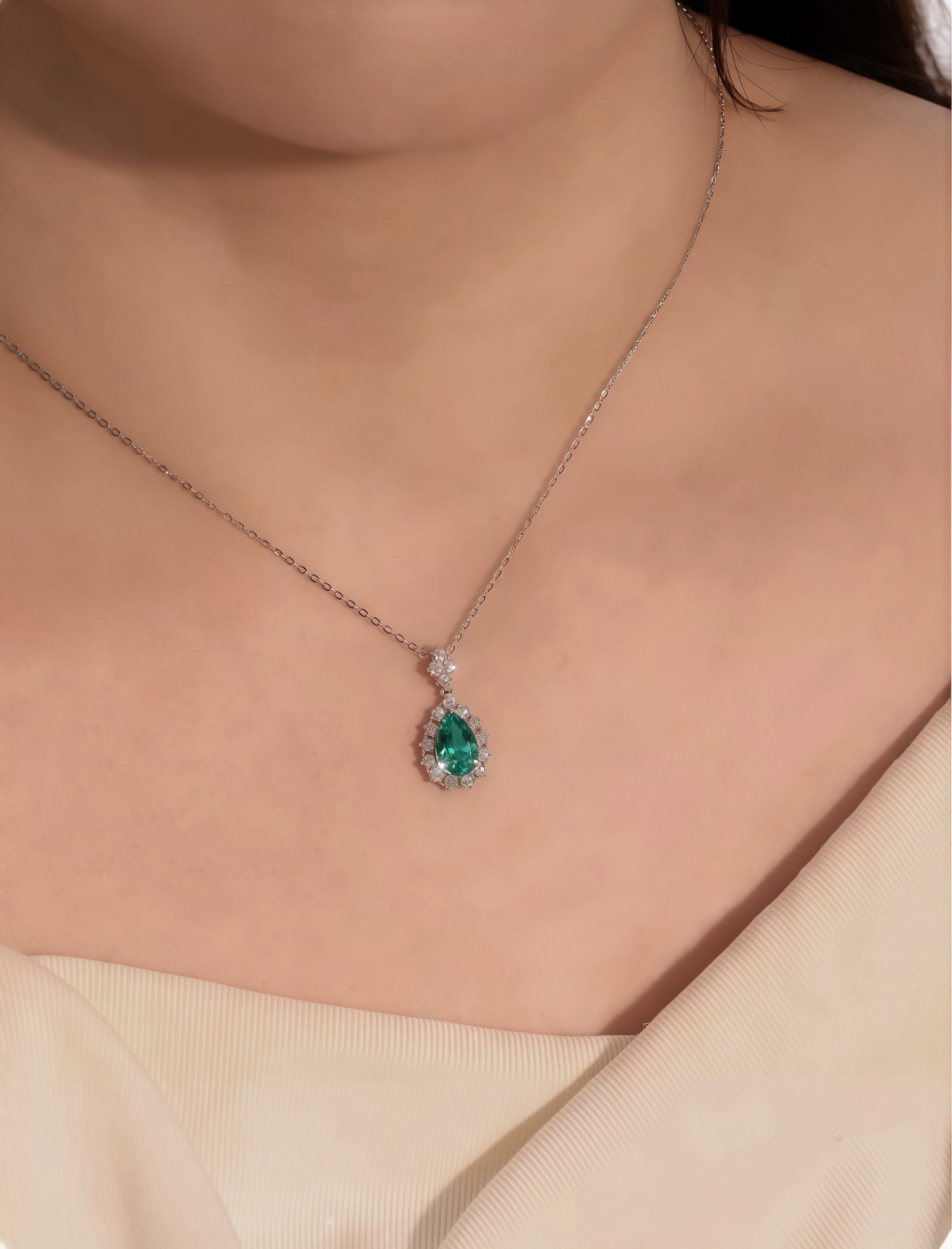 1.0 CT Tear Shaped Lab-Grown Green Diamond Pendant in White Gold with Silver Chain