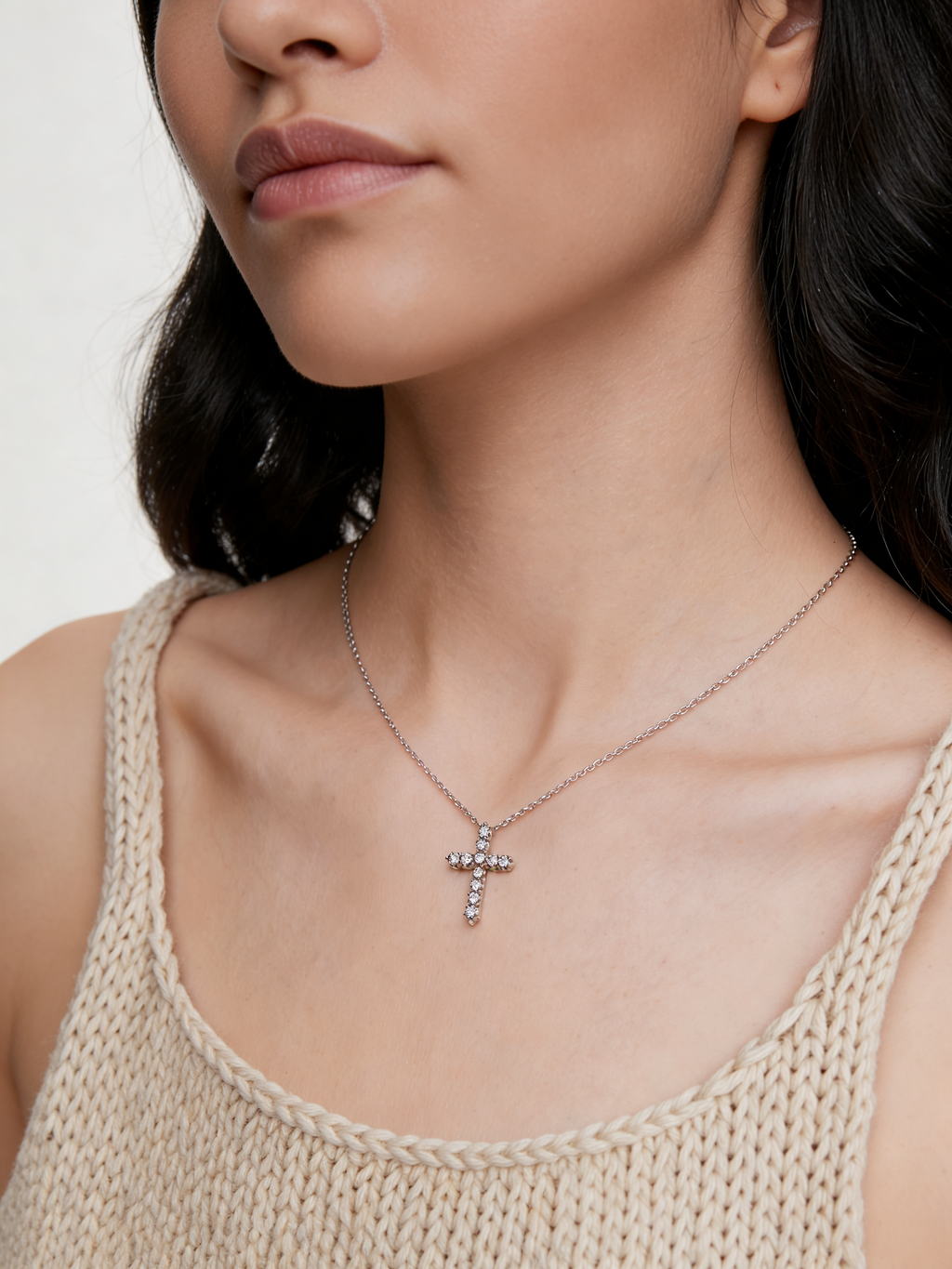 1.1 CT Lab-Grown Diamond Cross Pendant in White Gold with Silver Chain