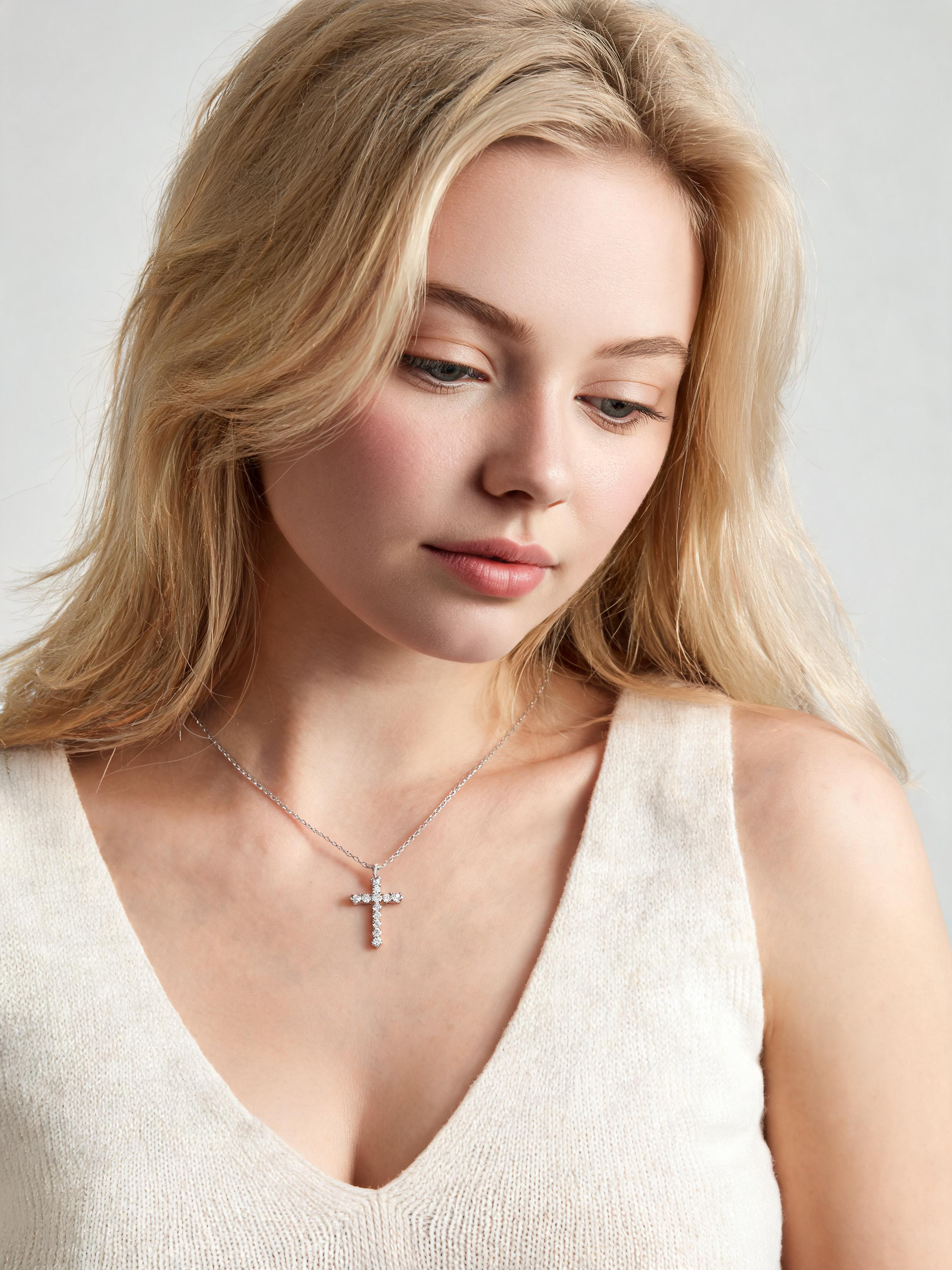 1.1 CT Lab-Grown Diamond Cross Pendant in White Gold with Silver Chain