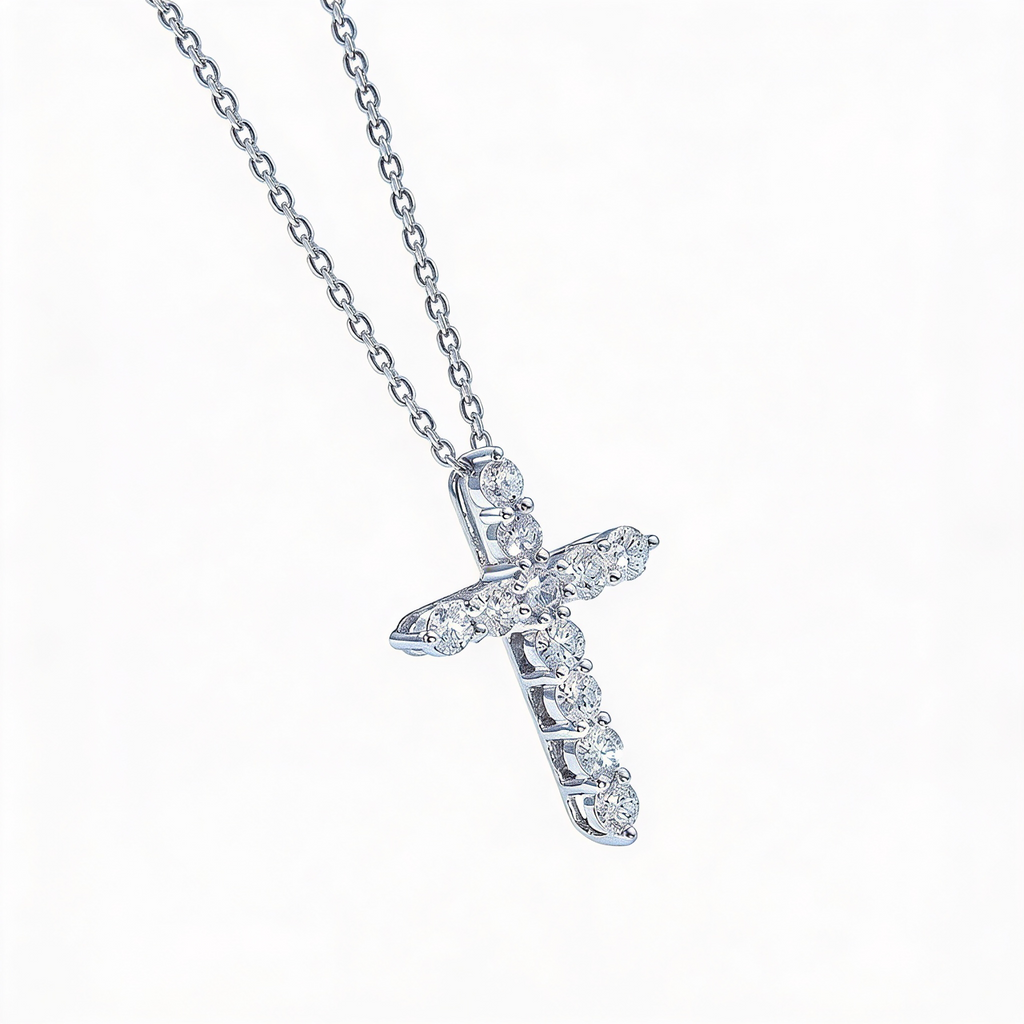 1.1 CT Lab-Grown Diamond Cross Pendant in White Gold with Silver Chain
