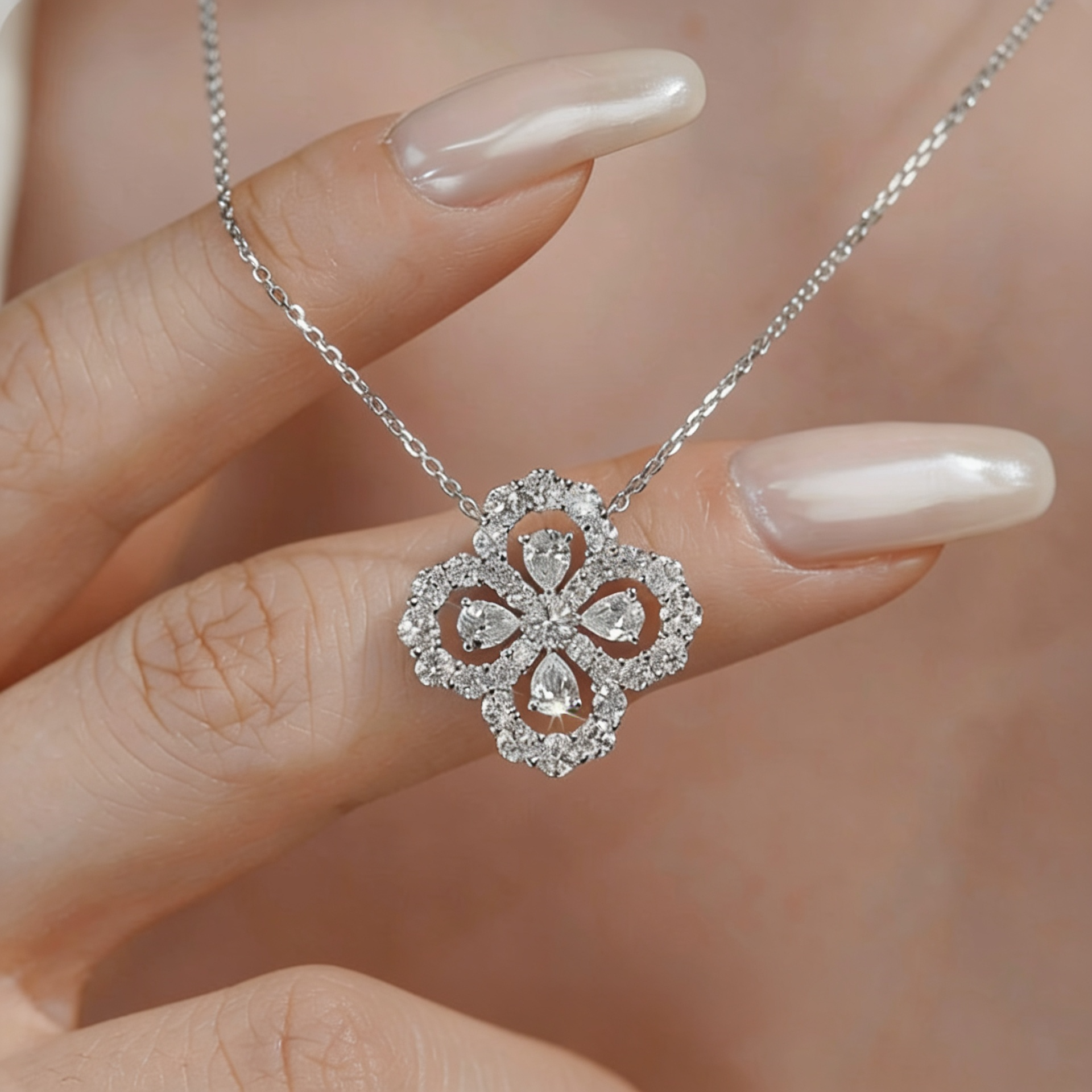 1.0 CT Four-Leaf Clover Loop Necklace in White Gold