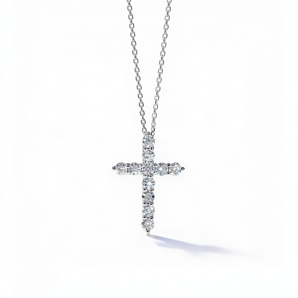 1.1 CT Lab-Grown Diamond Cross Pendant in White Gold with Silver Chain