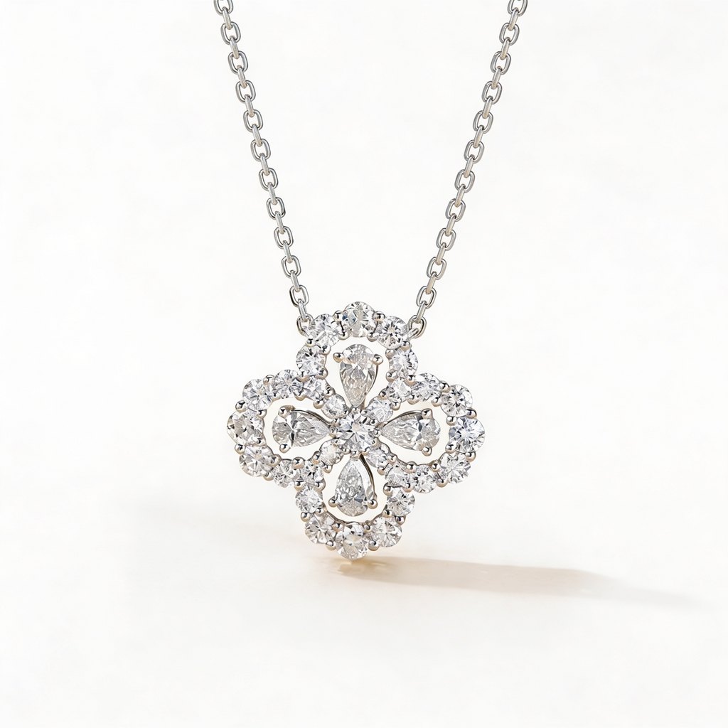 1.0 CT Four-Leaf Clover Loop Necklace in White Gold